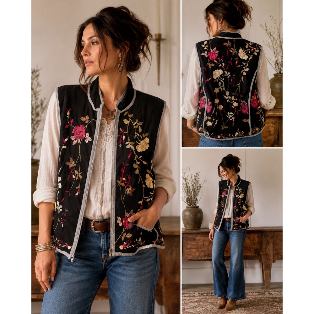 BIYA Johnny Was Embroidered Floral Vest M Boho Lagenlook Artsy Zip Jacket